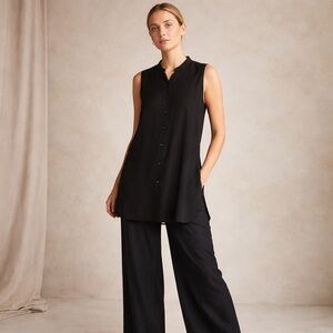 Eileen Fisher Silk Tunic Top Large Black Button Front Minimalist